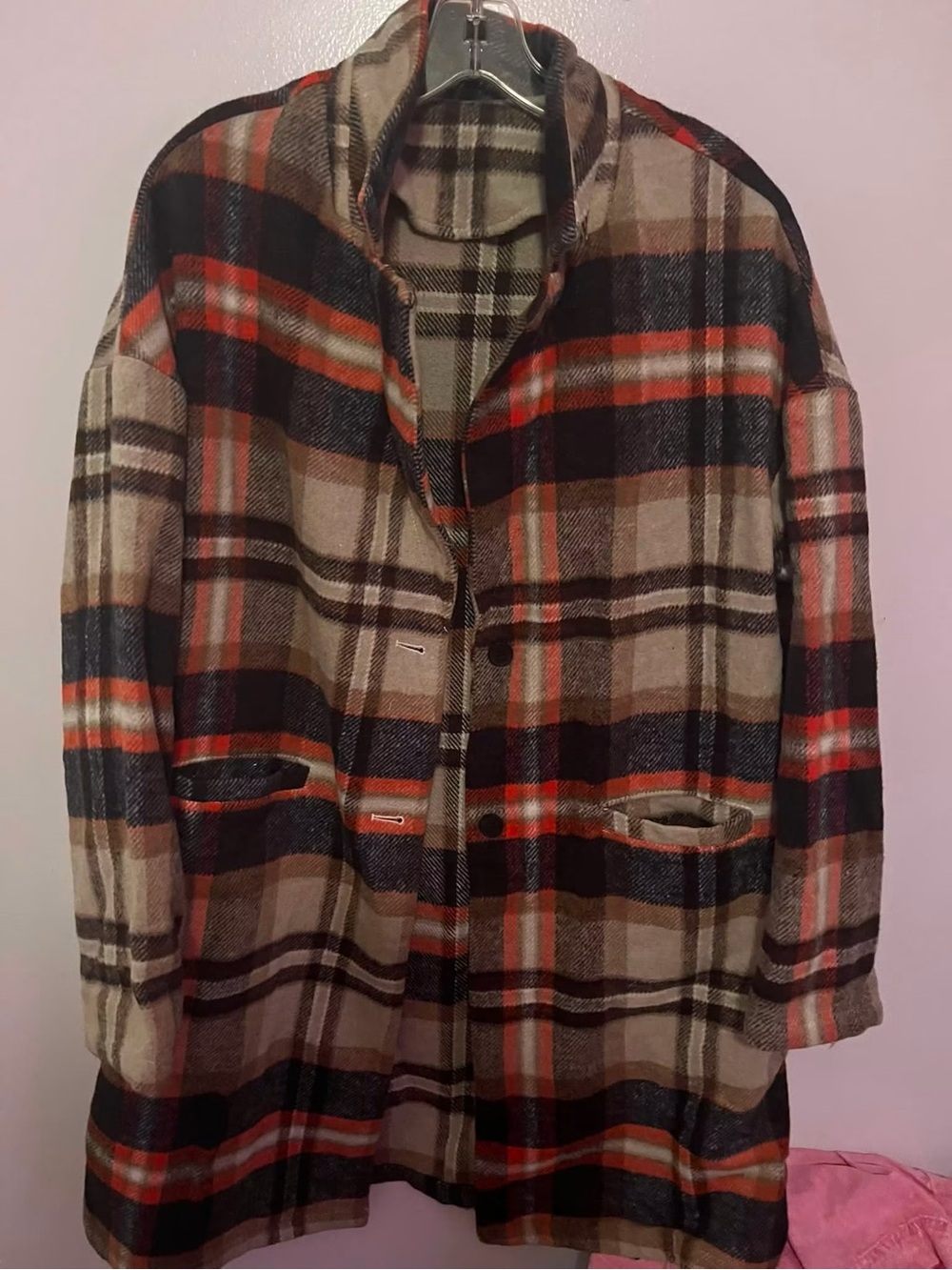 Plaid Wool-Blend Long Coat in Beige, Black & Rust